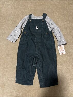Carter's Navy Corduroy Overalls with Grey Penguin Long-Sleeve Tee